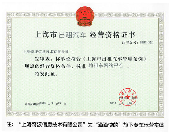 滴滴快的获国内首张专车牌照