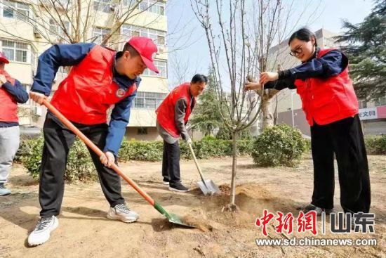 泰安市泰山區上高街道華新社區聯合中建三局一公司開展義務植樹聯合主題黨日活動。陳陽 攝