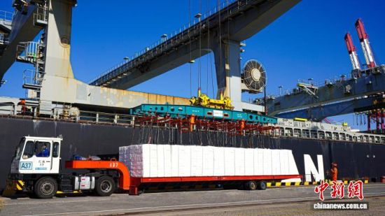 资料图:山东港口青岛港纸浆码头作业现场。(山东港口青岛港供图) 资料图:山东港口青岛港纸浆码头作业现场。(山东港口青岛港供图)